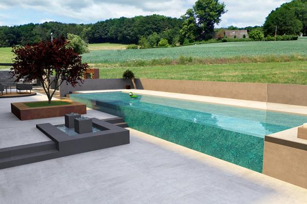 Espace extérieur avec piscine et visualisation 3D de la terrasse